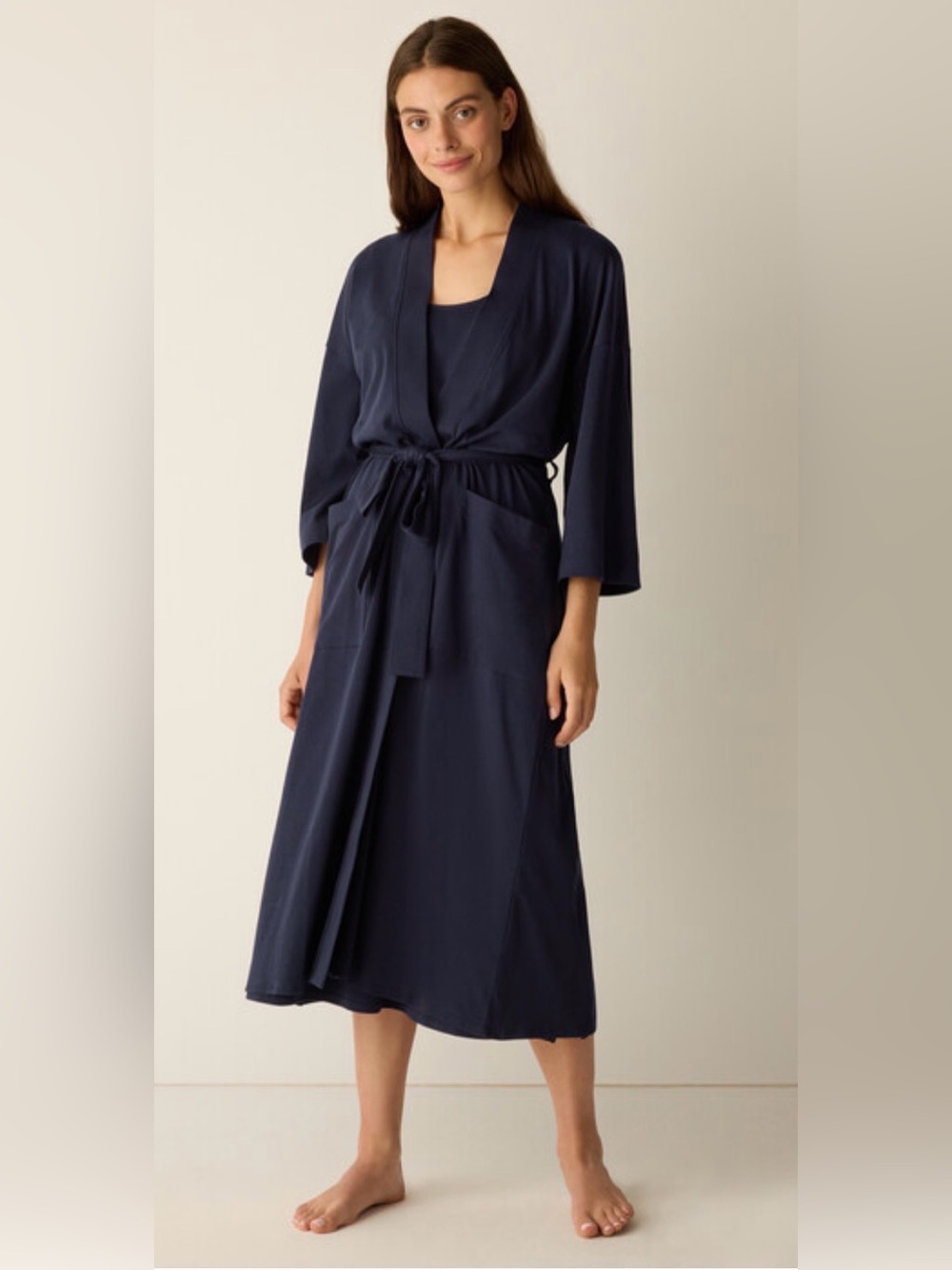 Eileen Fisher XXS/XS sleep set robe nightgown navy organic cotton comfy cozy